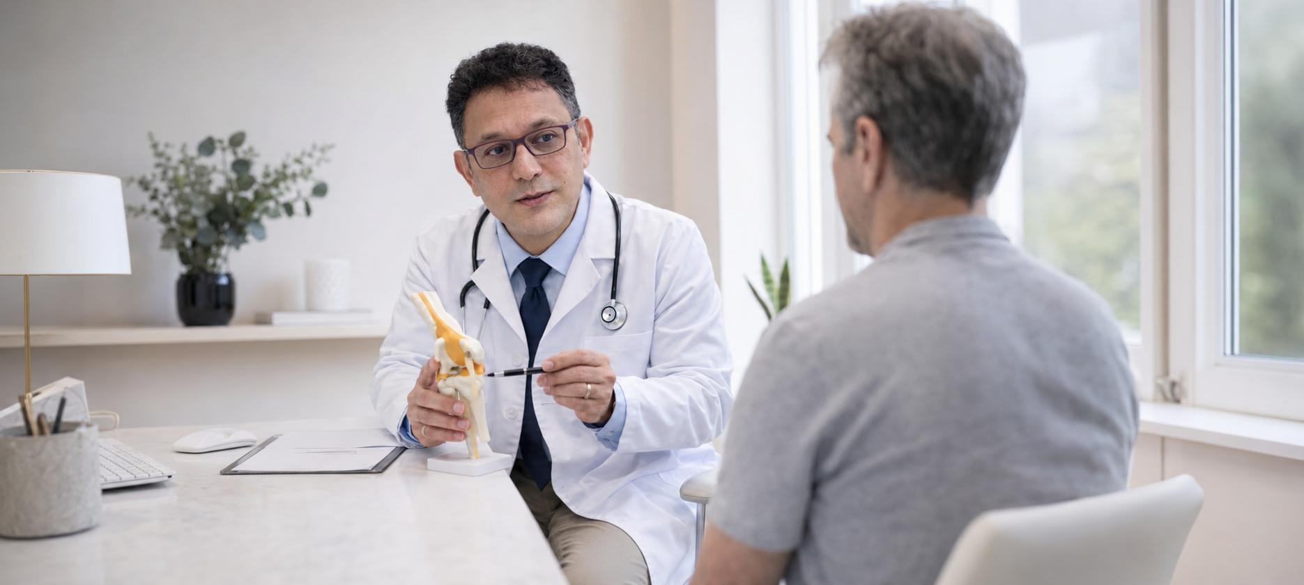 Dr Abbas discussing a knee model with a patient during a consultation
